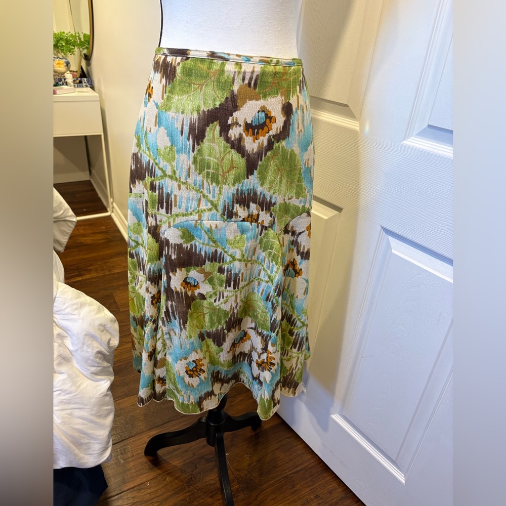 Vintage Y2K A-Line Floral Print Midi Skirt in Green and Blue
